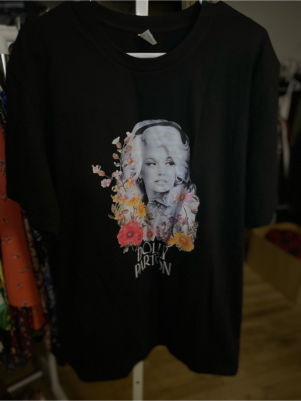 Dolly Parton - Black Short-Sleeve Graphic Tee with Floral Portrait